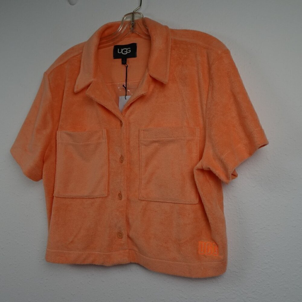 UGG Saniyah Button Down Top Women's Size L Orange Short Sleeve Terry Cloth Crop - Picture 2 of 10